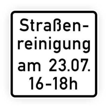 Zusatzzeichen StVO, Straßenreinigung mit Zeit u.  Datumsangabe VZ 1042-50, Alu 2 mm flach