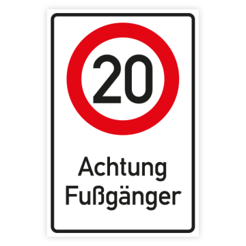 Verkehrszeichen Kombischild 20 km/h - Achtung Fußgänger, Aluminium reflektierend,