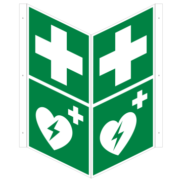Winkelschild Erste Hilfe / Defibrillator (AED), Kunststoff, 200 x 400 mm