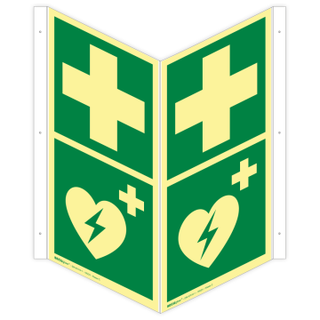 Winkelschild Erste Hilfe / Defibrillator (AED), ISO 7010, SECUglow 185, Kunststoff