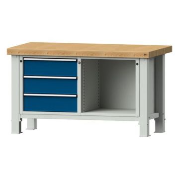 ANKE Schwerlastwerkbank Modell 103 VS, Buche, 1500x800x865, 3 Schubladen, offenes Fach, blau