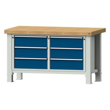 ANKE Schwerlastwerkbank Modell 108 VS, Buche, 1500x800x865, 6 Schubladen, blau