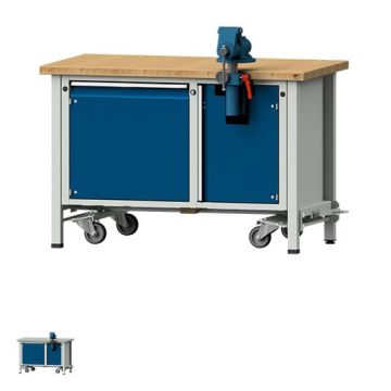 ANKE Montagewerkbank Modell 700 V, Schraubstock, fahrbar, 1 Tür, blau