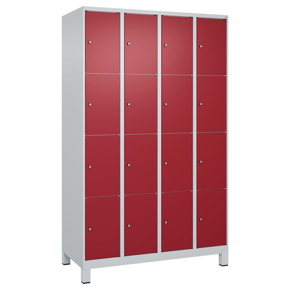 C+P Schließfachschrank Classic PLUS auf Füßen, 16 Fächer, 1950x1200x500mm lichtgrau/rubinrot