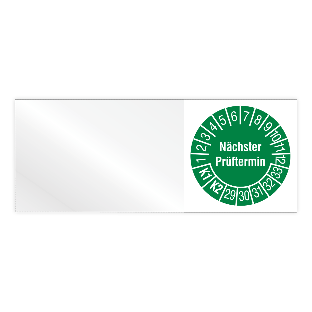Kabelprüfplakette, Nächster Prüftermin K1/K2, Jahr 2029 - 2033, Vinylfolie, 50 x 20 mm, Heft