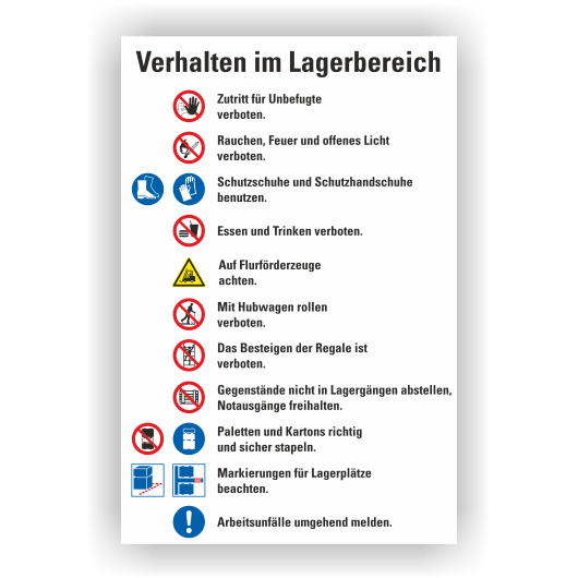 Sicherheitsaushang, Verhalten im Lagerbereich, 200 x 300 mm