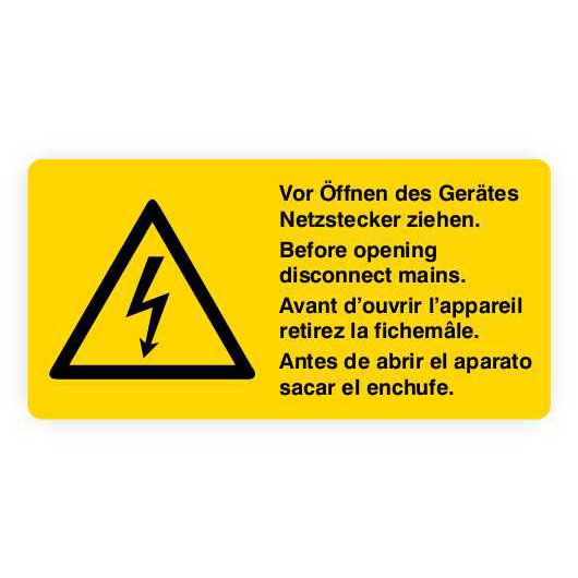 Warnschild 'Vor Dem Öffnen Netzstecker Ziehen' – Selbstklebend, UV-beständig