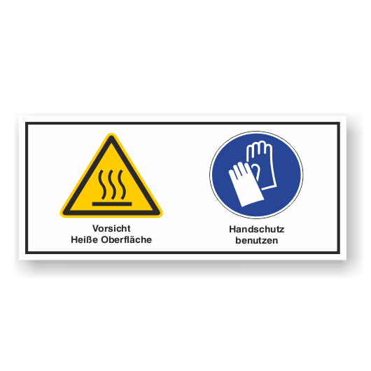Kombischild, Vorsicht Heiße Oberfl. Handsch. ben. ISO7010, verschiedene Ausführungen