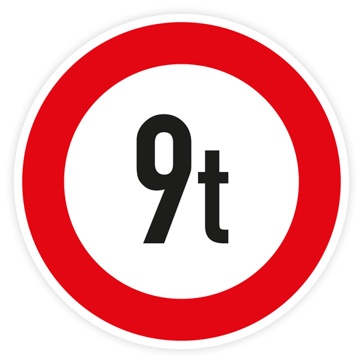 Verkehrszeichen StVO, VZ 262-9, Verbot für Fahrzeuge über 9 t, Alu 2 mm Flachform