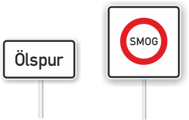 Zusatzzeichen für Verkehrsschild: Ölspur, individuelles Verbotsschild mit Aufschrift 'SMOG'